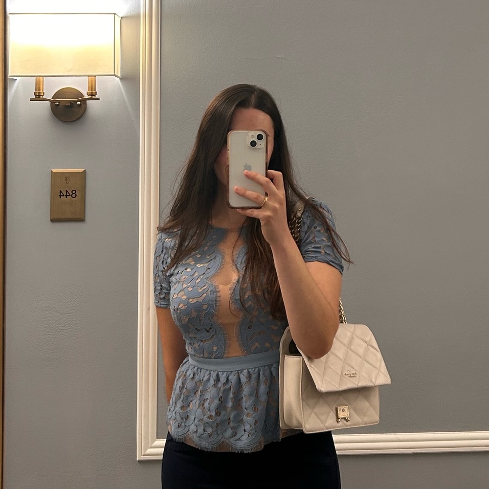 BCBGMaxAzria Lilia Blue and Tan Lace Peplum Blouse Size S